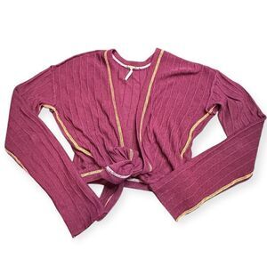 FREE PEOPLE Women’s Burgundy Long Sleeve Linen Cotton Tie Front Cardigan Sweater